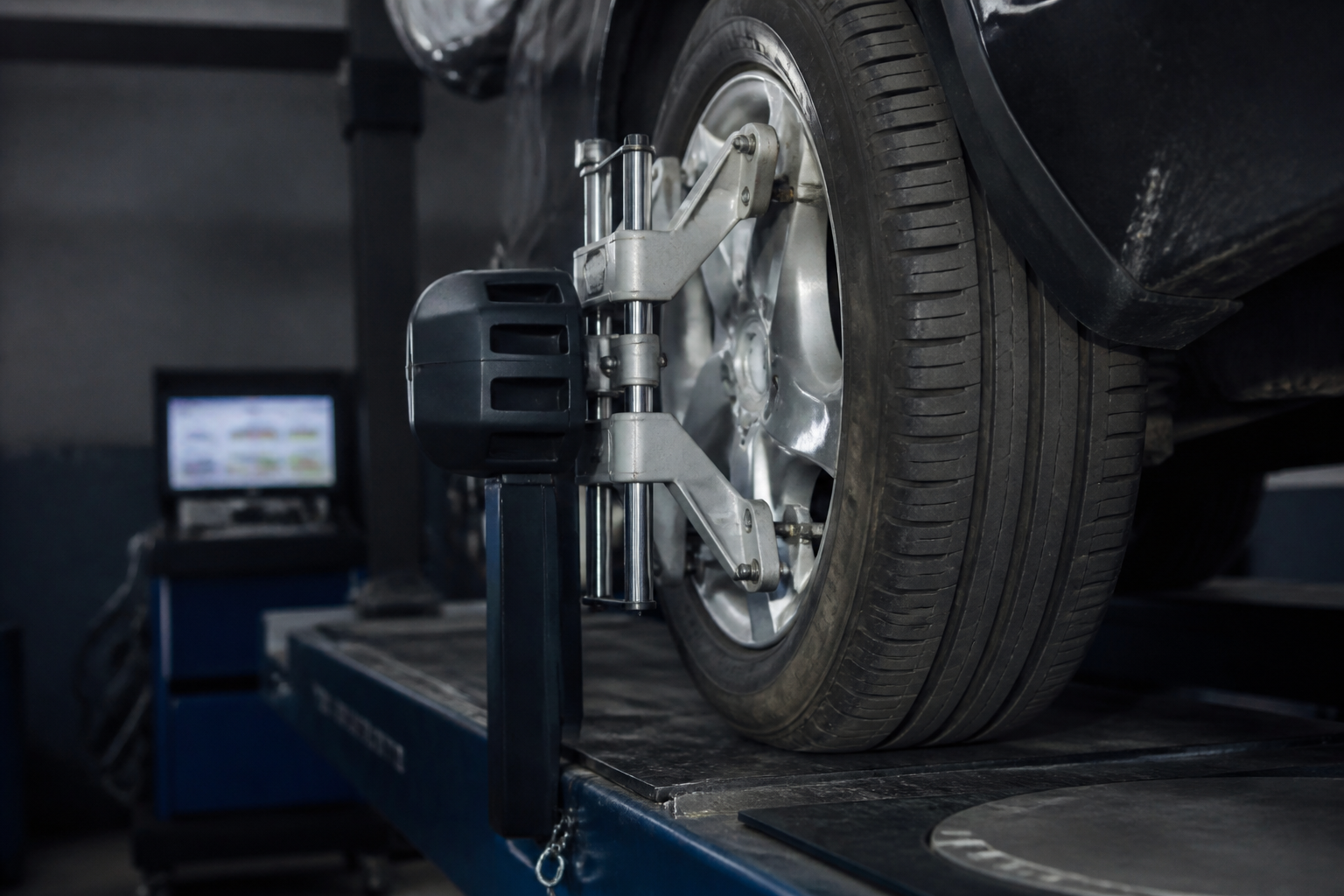 Vehicle wheel on a professional alignment rack with measuring equipment attached