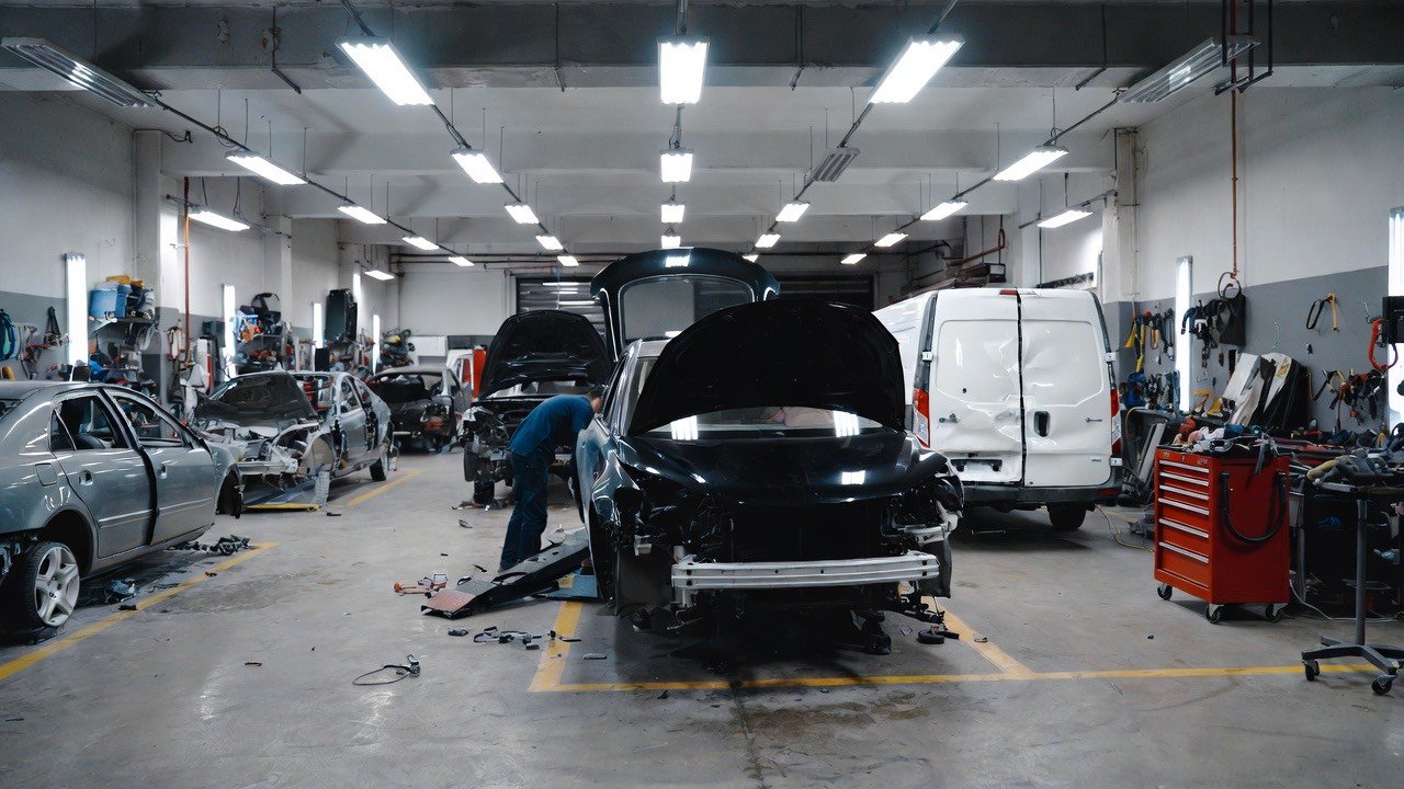 Collision repair bay with vehicles undergoing body and structural work