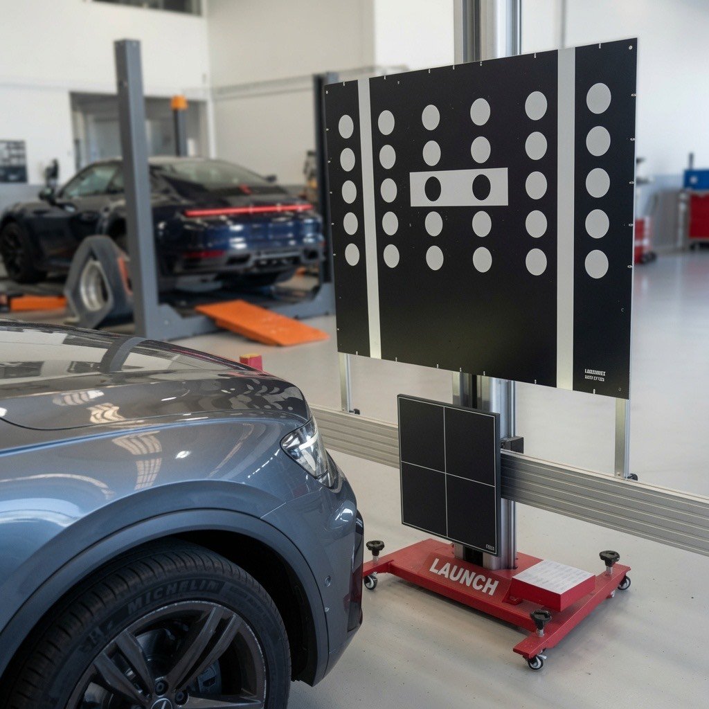 Professional ADAS calibration target stand positioned in front of a vehicle in a service bay