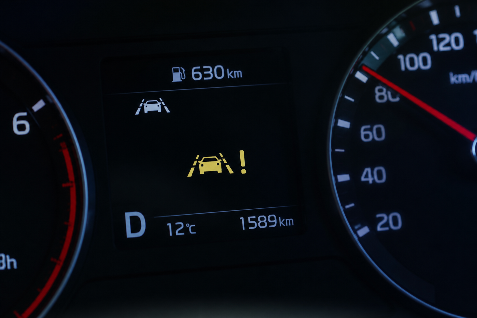Vehicle instrument cluster showing an illuminated ADAS safety system warning light