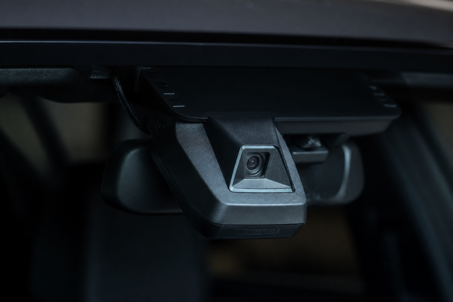 Close-up of a windshield-mounted forward ADAS camera module behind automotive glass